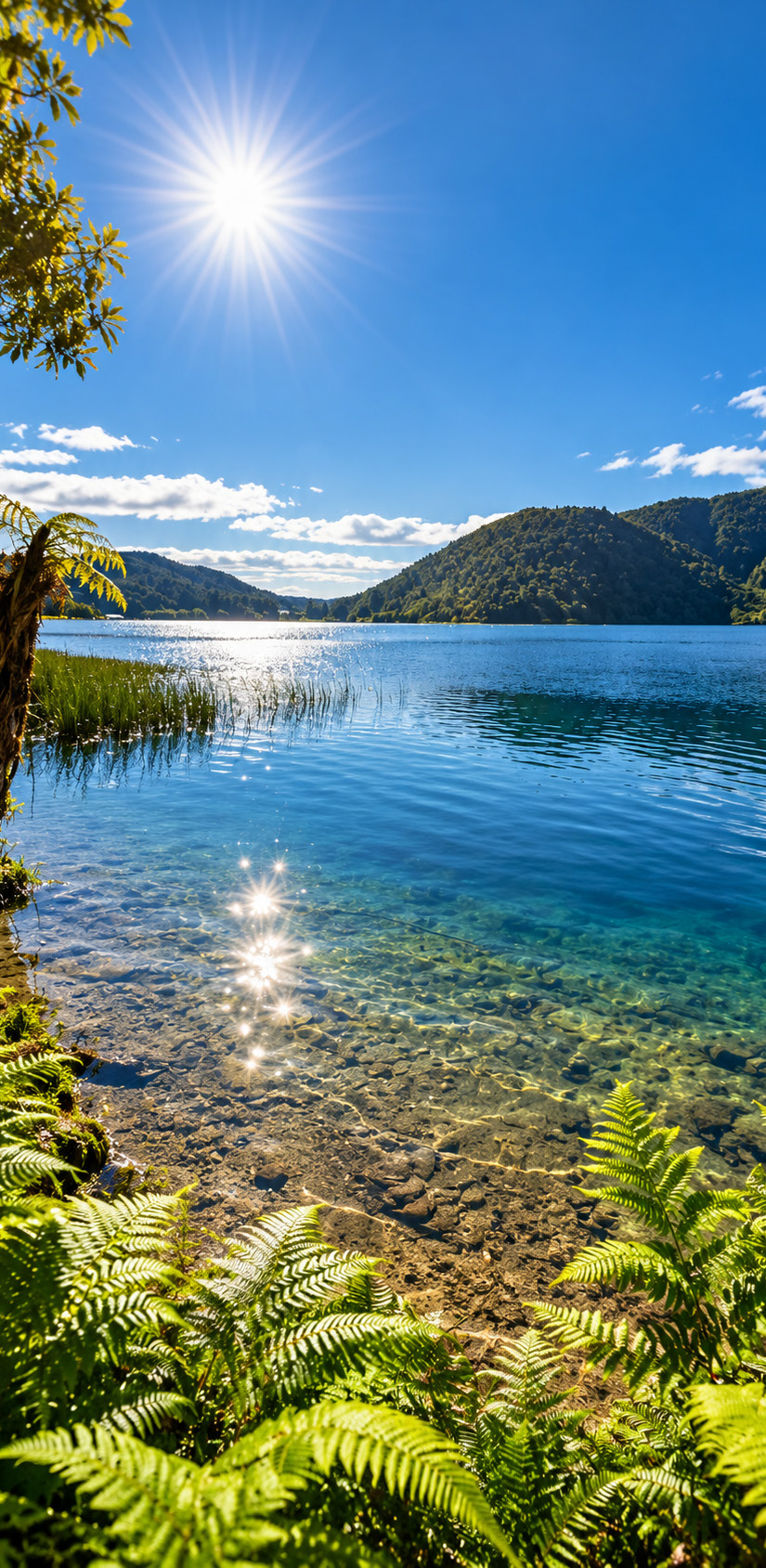 Lake and green hills beneath a blue sky