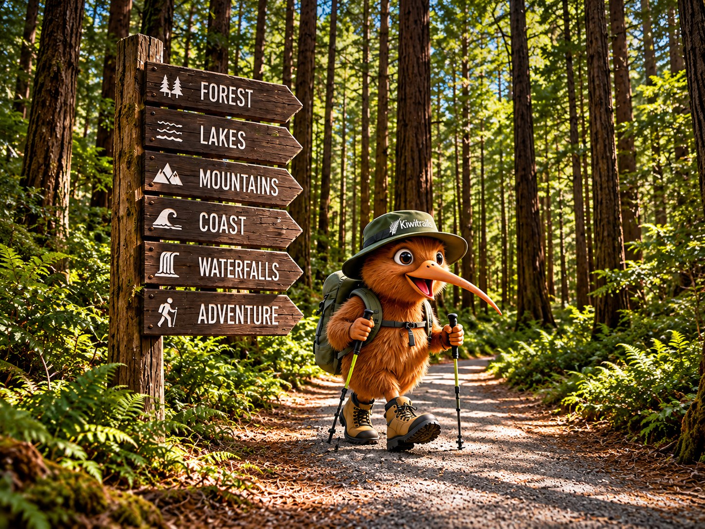 Kiwitrails kiwi adventurer beside a six-arrow forest signpost